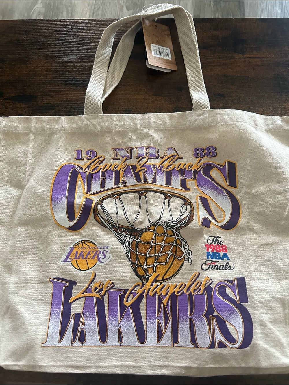 Mitchell & Ness Los Angeles Lakers Beige Canvas Tote with Purple & Gold Graphics